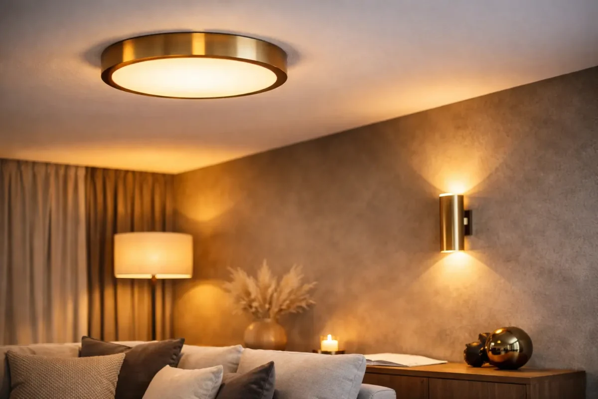 Applique murale installée au plafond dans un salon moderne, éclairage LED chaud et ambiance déco, guide pose et conseils