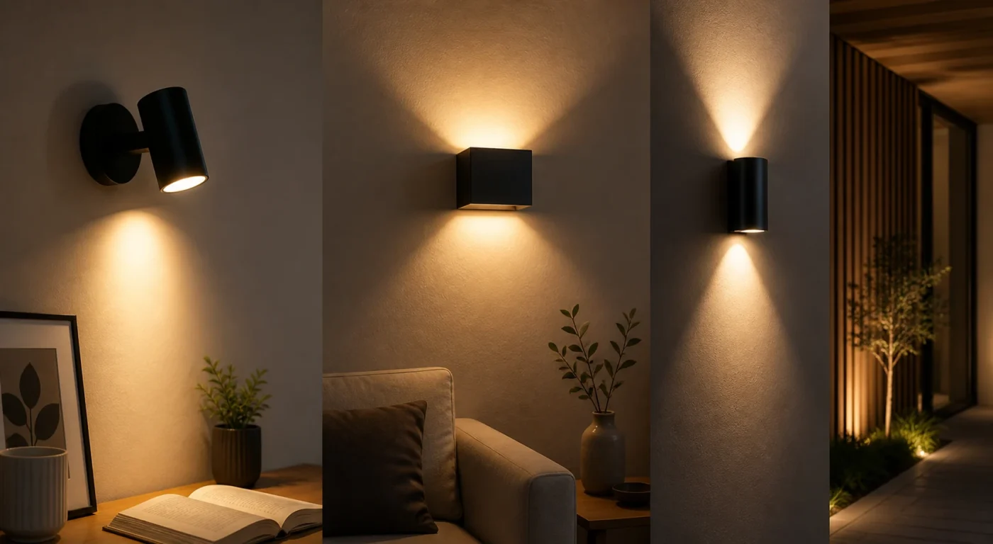 Applique murale diffusant un éclairage direct indirect et haut bas sur un mur intérieur