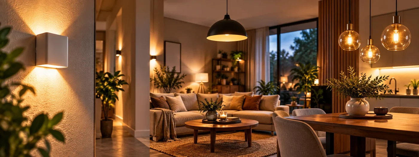 Intérieur moderne éclairé par des lampes LED efficaces et une applique murale chaleureuse